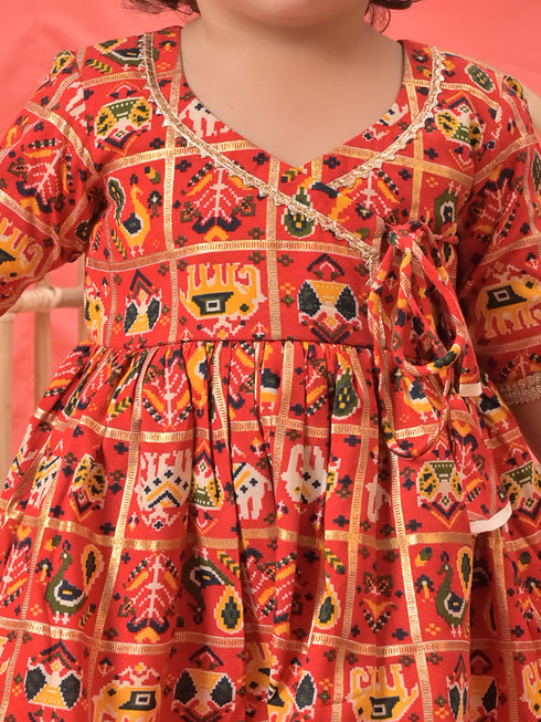 Girl's Red Angrakha Style Patola Print Kurta Dhoti Set